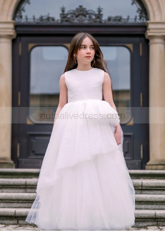White Pleated Tulle Asymmetrical Fashion Flower Girl Dress